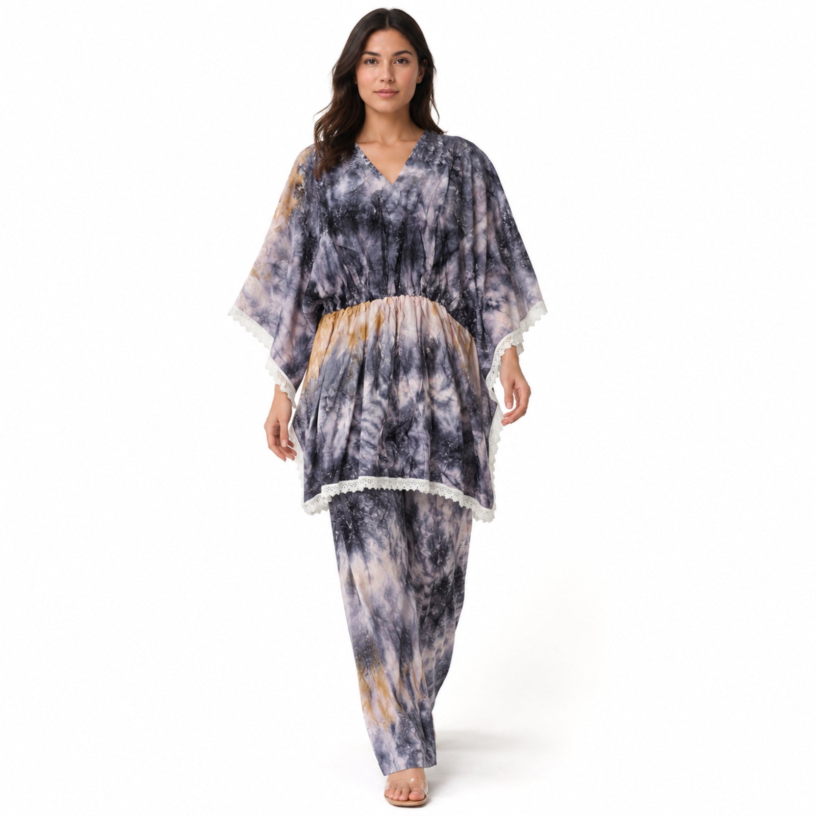 Women's Grey Tie-Dye Lace Trim Kaftan Co-Ord Set | Breezy Resort Wear Lounge Set-1