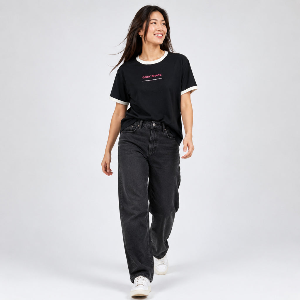 Women's Black Graphic Ringer T-Shirt-1