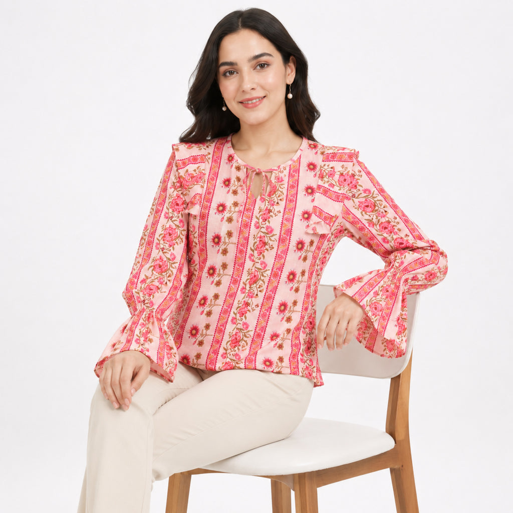 Women's Pink Floral Stripe Print Tie-Neck Flared Sleeve Top | Casual Boho Blouse-2