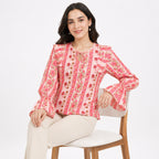 Women's Pink Floral Stripe Print Tie-Neck Flared Sleeve Top | Casual Boho Blouse-2