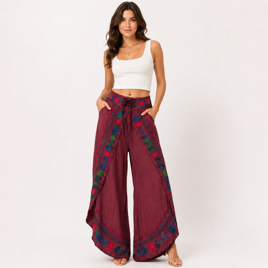 Women's Bohemian Maroon Embroidered Wrap Overlapping Palazzo Trousers-1