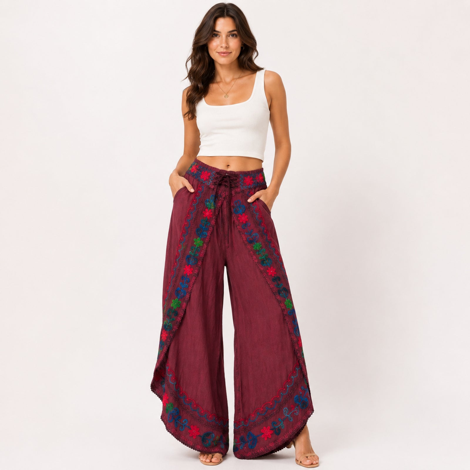 Women's Bohemian Maroon Embroidered Wrap Overlapping Palazzo Trousers-1