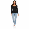 Women's Black Square Neck Full Sleeve Fitted Casual Top-1