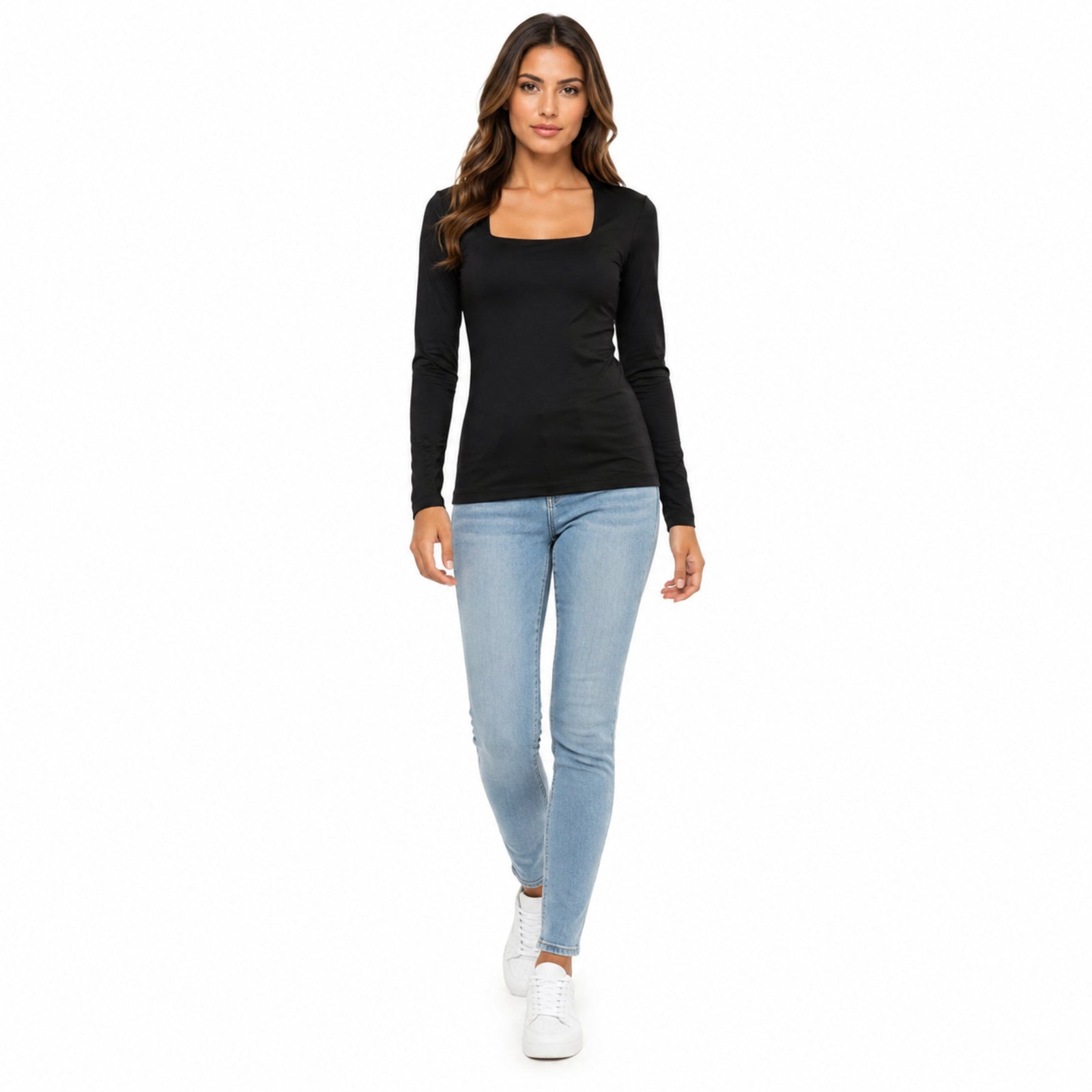 Women's Black Square Neck Full Sleeve Fitted Casual Top-1