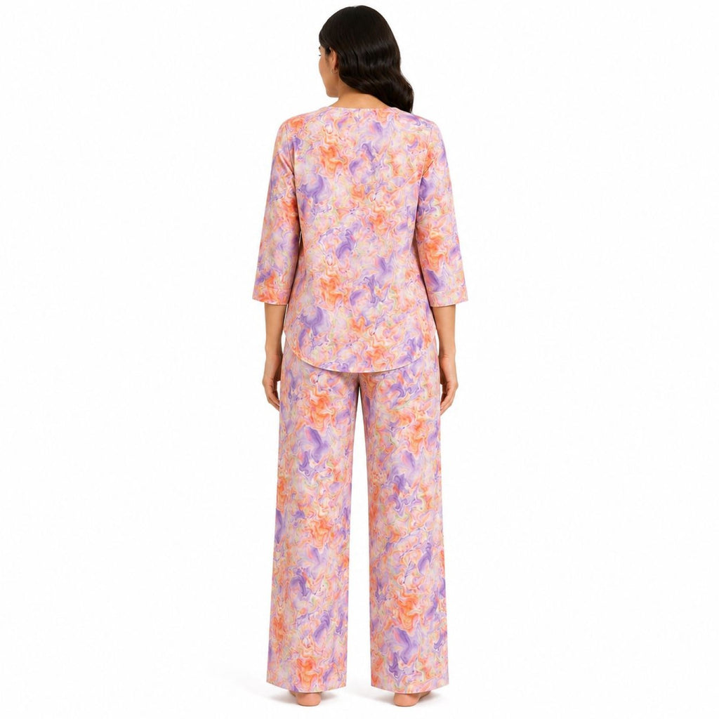 Women's Orange Abstract Marble Print Round Neck Top and Straight Pyjama Co-Ord Set | Relaxed Lounge Set-4