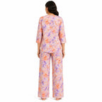 Women's Orange Abstract Marble Print Round Neck Top and Straight Pyjama Co-Ord Set | Relaxed Lounge Set-4
