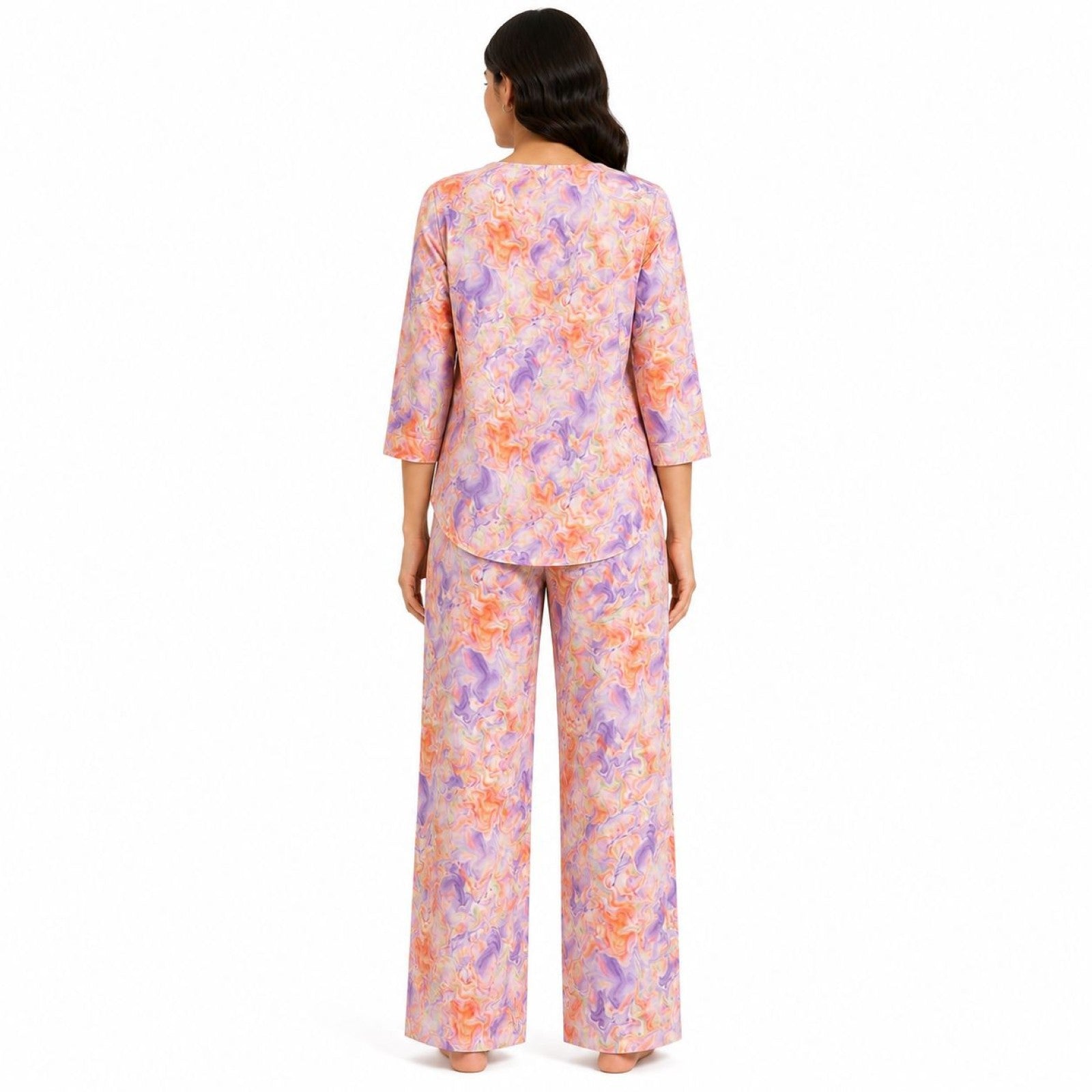 Women's Orange Abstract Marble Print Round Neck Top and Straight Pyjama Co-Ord Set | Relaxed Lounge Set-4