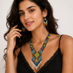 Women's Azure Horizon Geometric Hand-Beaded Jewelry Set with Fringe Necklace and Drop Earrings-3