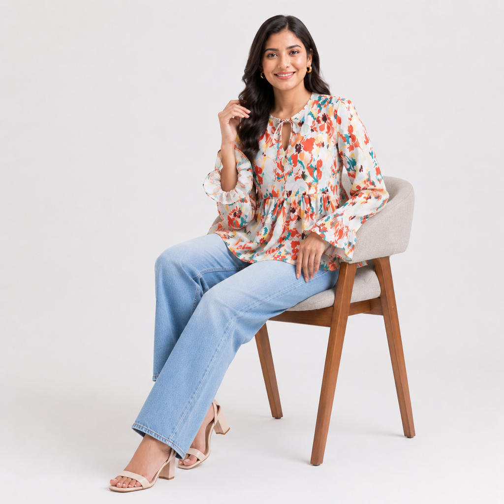 Women's Orange Floral Print Tie-Neck Peplum Top-3