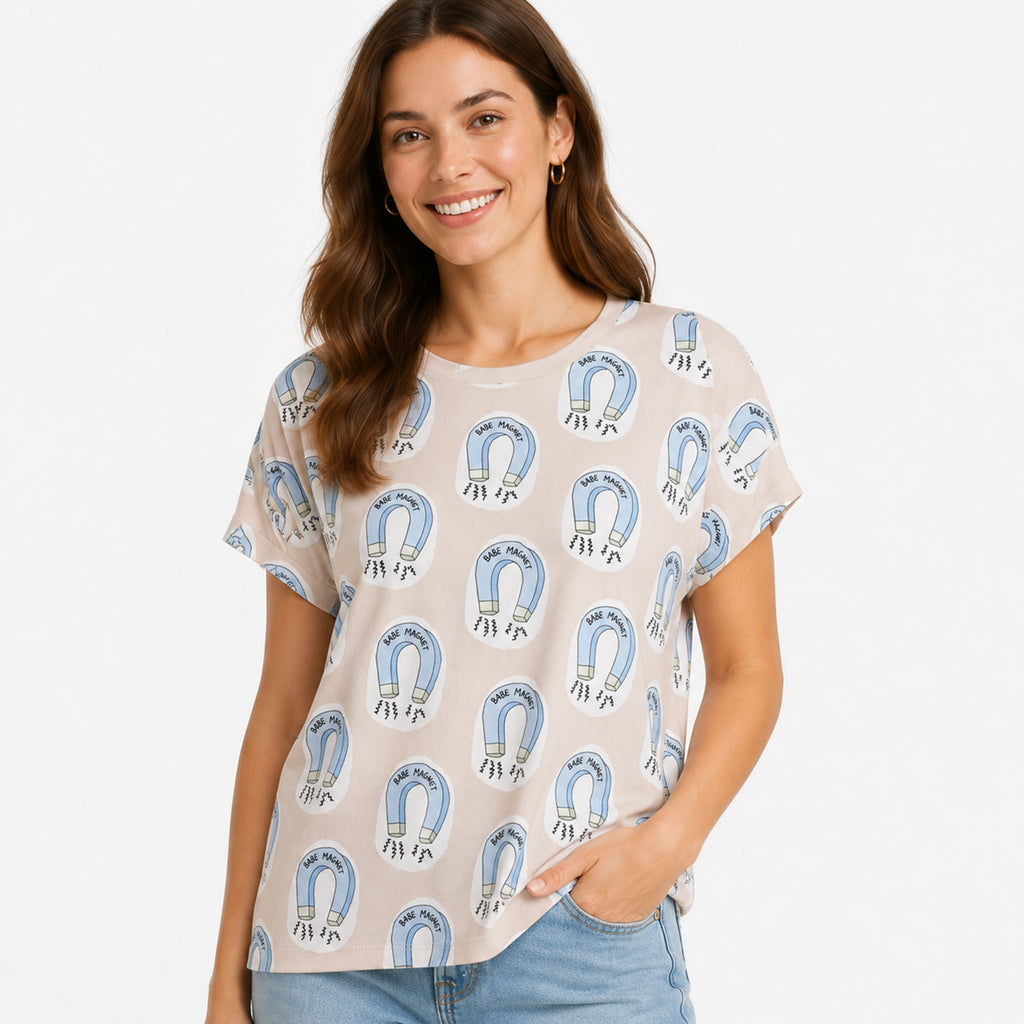 Women's Cream All-Over Printed Cotton T-Shirt | Soft Casual Everyday Top-2