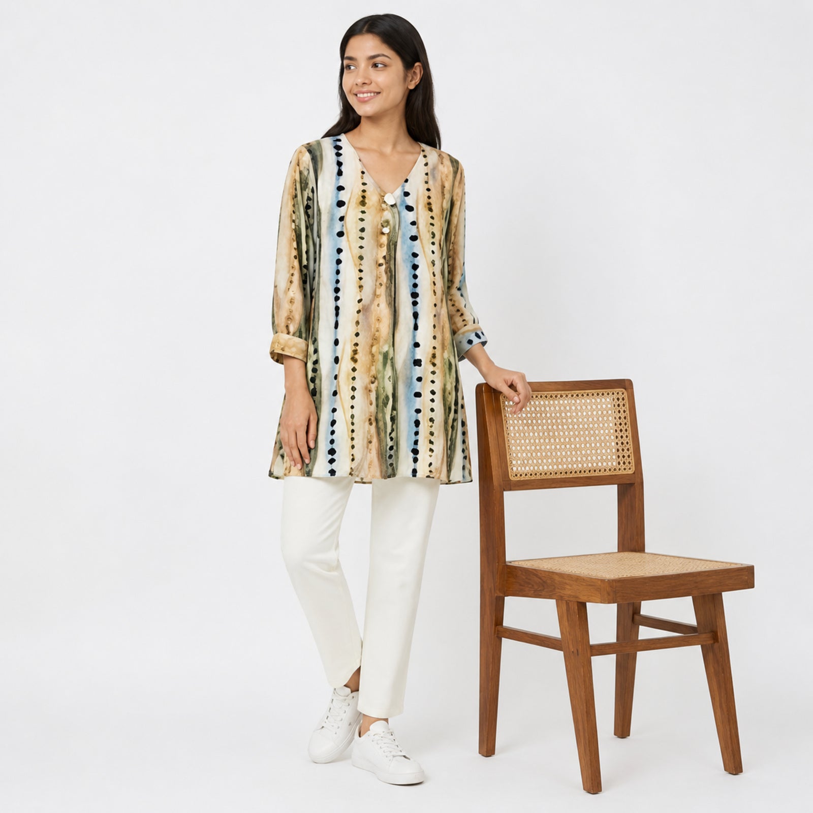 Ivory Stripe Abstract Printed Tunic Top-2