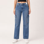 Women's Light Blue Cargo Fit Denim Jeans-1
