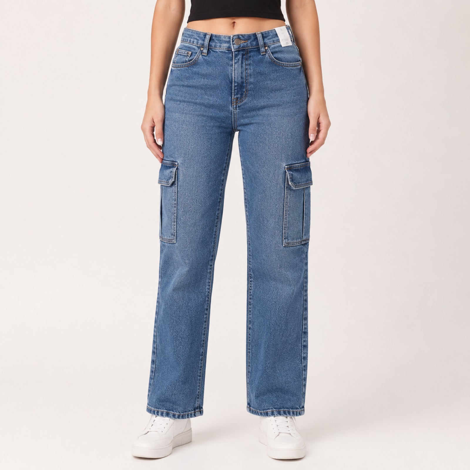 Women's Light Blue Cargo Fit Denim Jeans-1