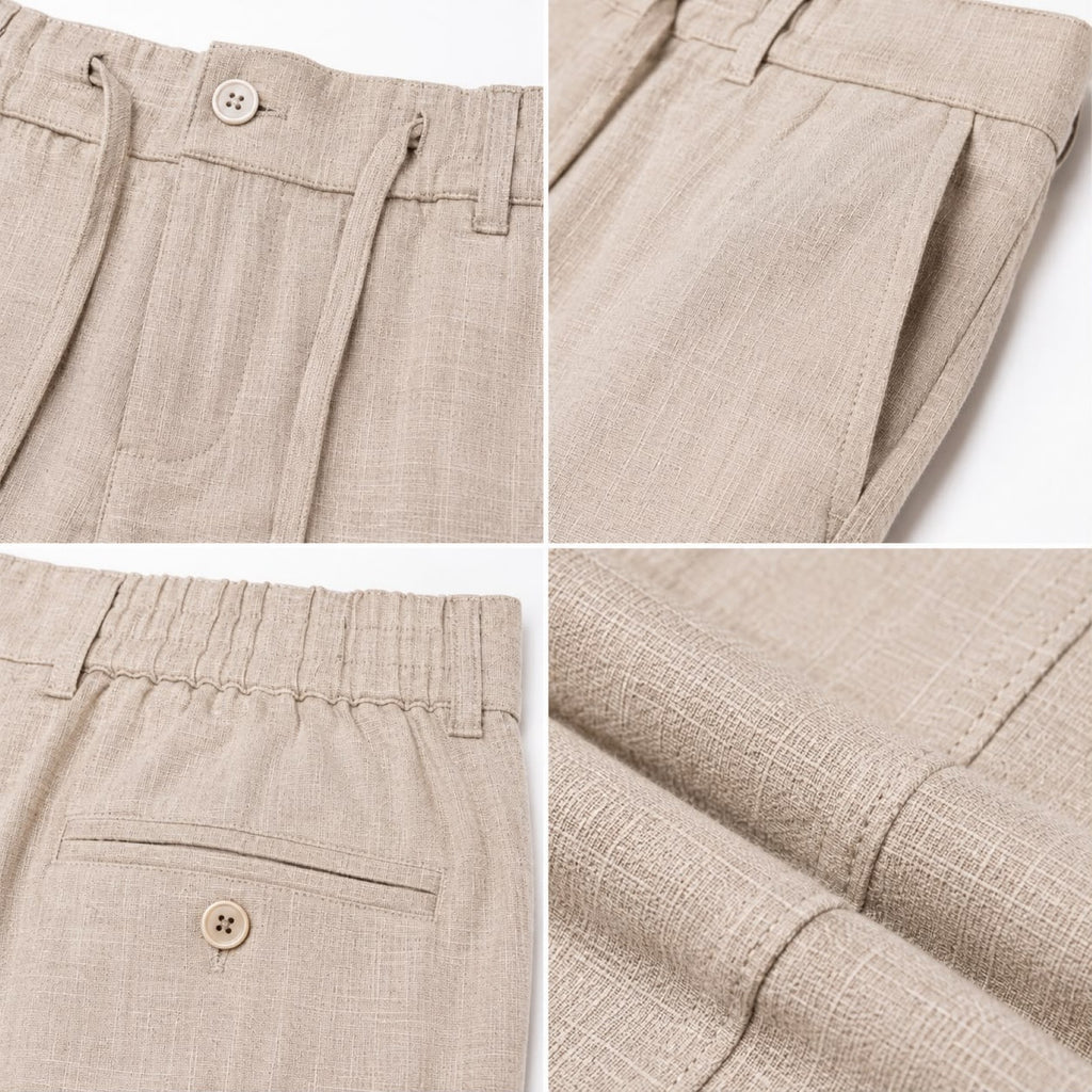 Men's Cream Pleated Drawcord Waist Tapered Casual Trousers-3