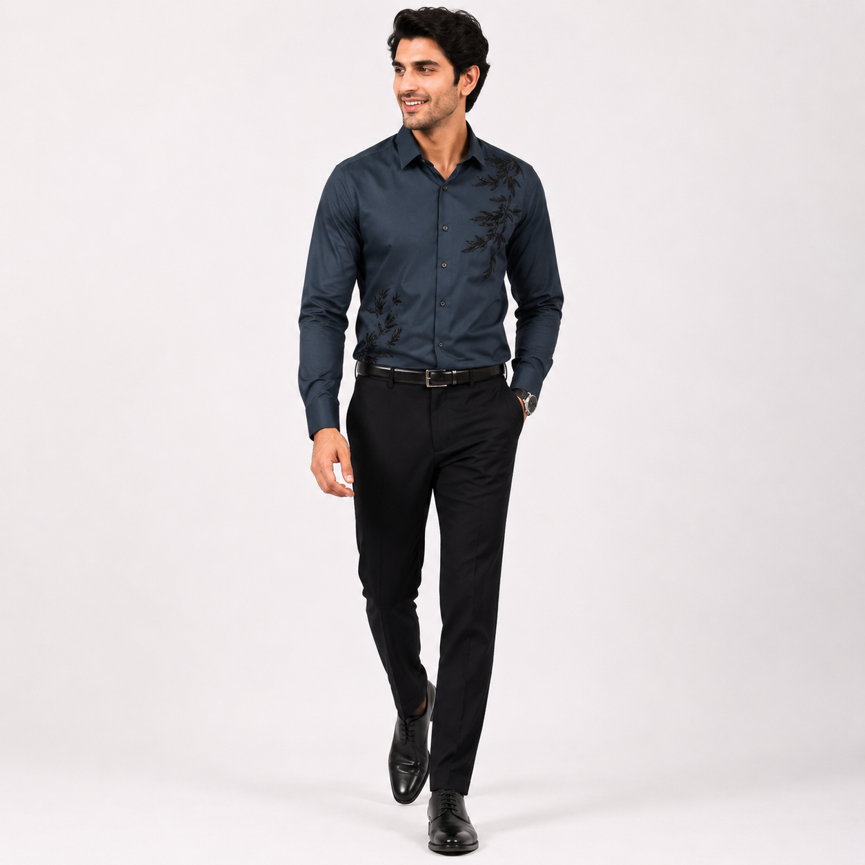 Men's Olive Green Embroidered Formal Shirt-2