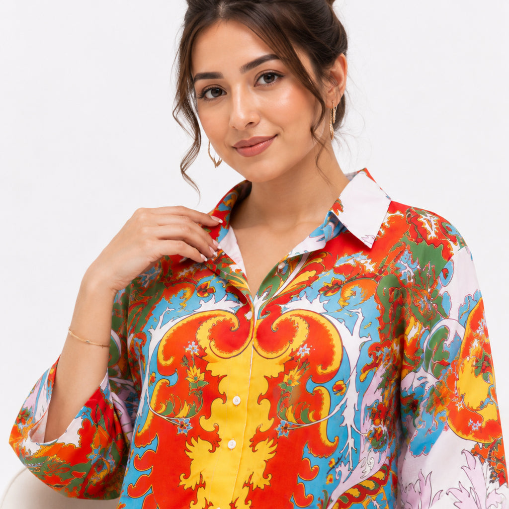 Women's Red Multicolour Abstract Print Collared Shirt-3