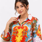 Women's Red Multicolour Abstract Print Collared Shirt-3