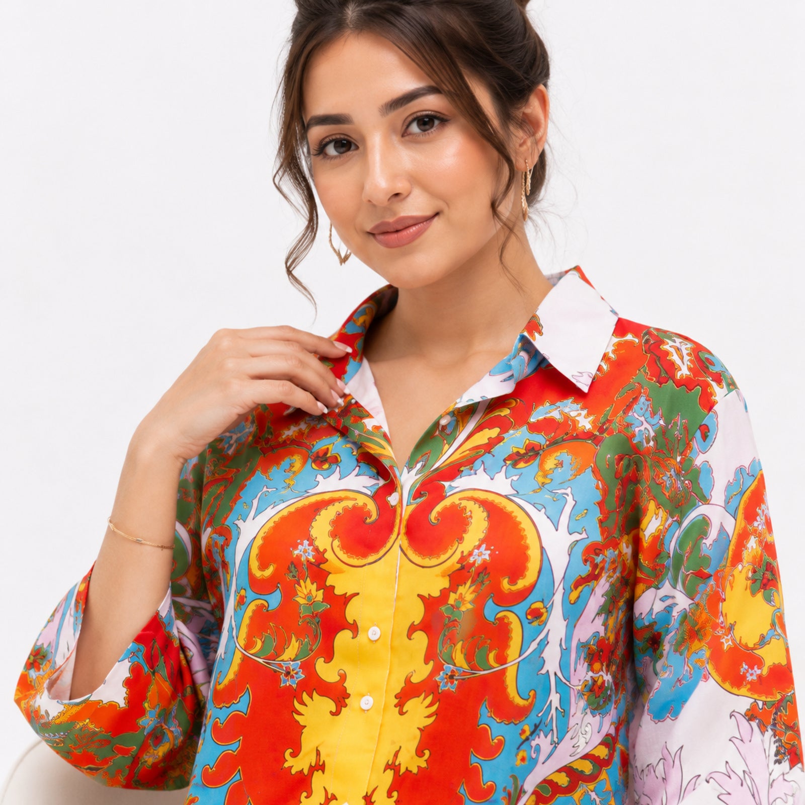 Women's Red Multicolour Abstract Print Collared Shirt-3