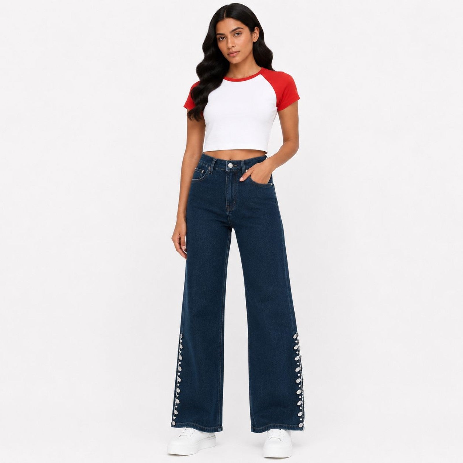 Women's Navy Blue Wide Leg Jeans with Side Pearl Detail | High-Rise Statement Denim-1