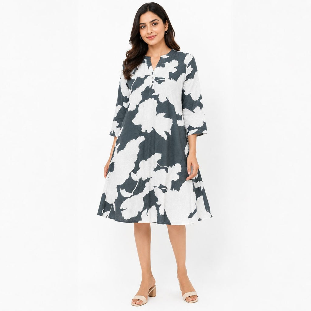 Women's Grey Floral Print A-Line Dress | V-Neck 3/4 Sleeve Knee Length Casual Dress-1