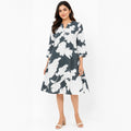 Women's Grey Floral Print A-Line Dress | V-Neck 3/4 Sleeve Knee Length Casual Dress-1