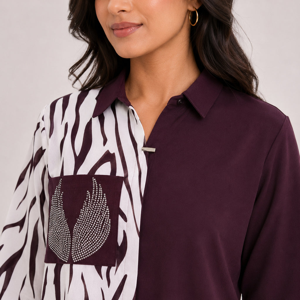 Women's Maroon Zebra Print Color Block Casual Top | Elegant Collared Smart Casual Designer Blouse-2