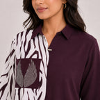 Women's Maroon Zebra Print Color Block Casual Top | Elegant Collared Smart Casual Designer Blouse-2