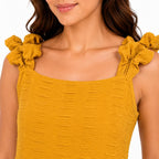 Women's Mustard Yellow Textured Sleeveless A-Line Mini Dress with Bow Straps-4
