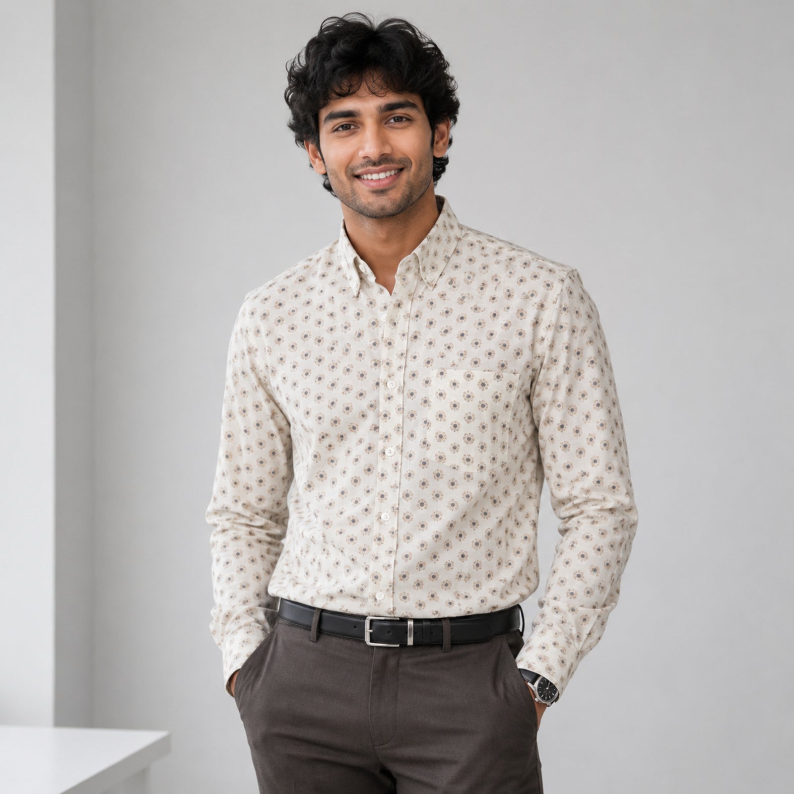 Men's Cream Floral Printed Premium Casual Shirt-4
