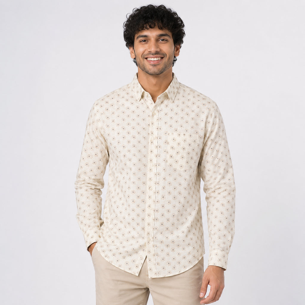 Men's Cream Floral Printed Premium Casual Shirt-2
