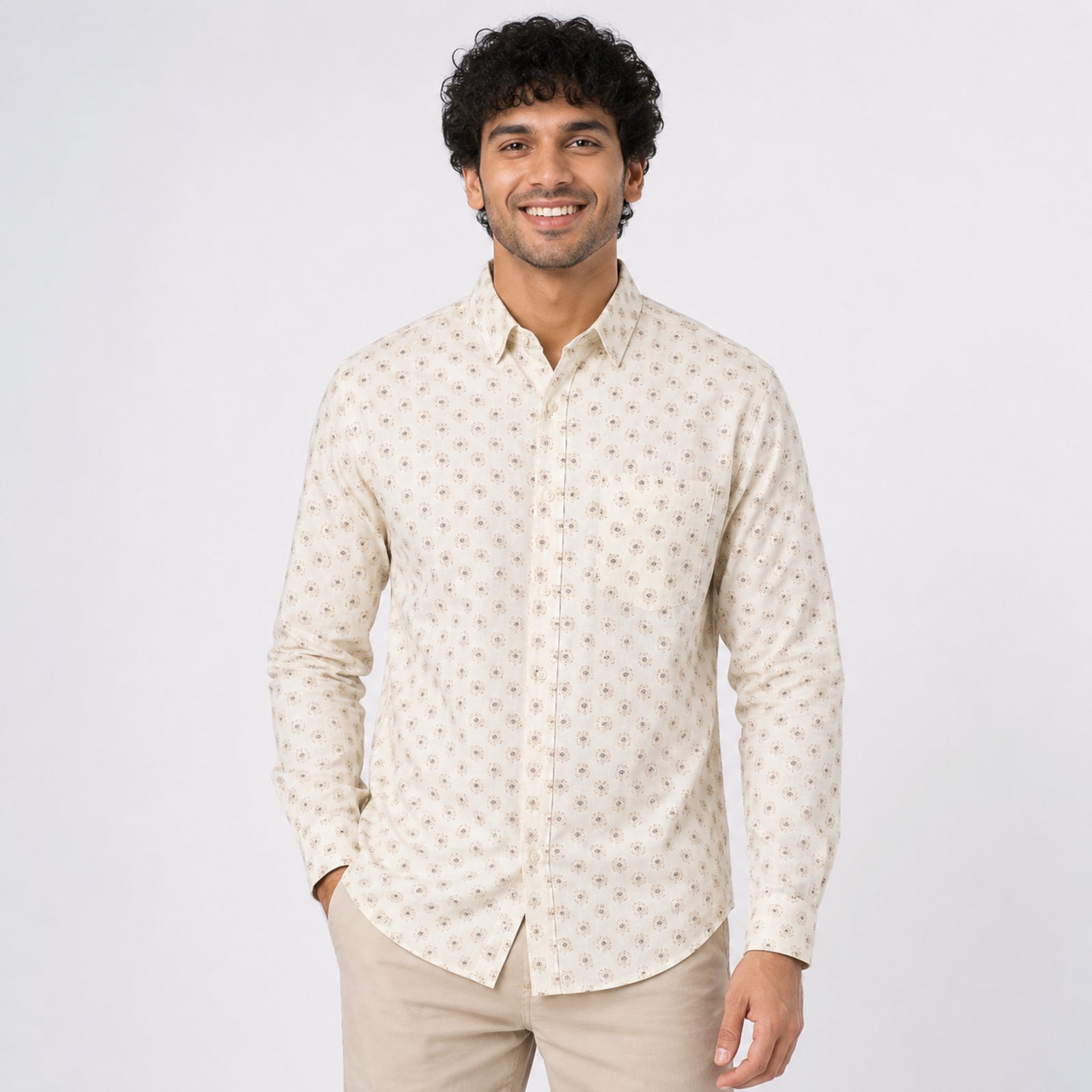 Men's Cream Floral Printed Premium Casual Shirt-2