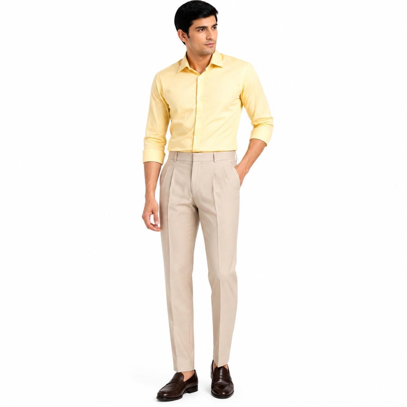 Men's Cream Double Pleated Tapered Formal Trousers | Tailored Smart Office Wear Pants-1