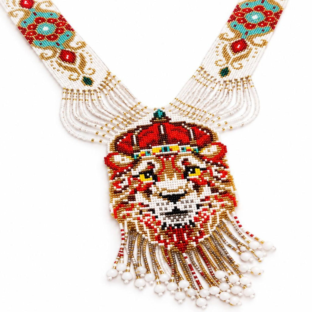 Women's Gilded Regal Lion Hand-Beaded Statement Necklace with Fringe Detailing-1