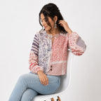 Women's Peach Patchwork Print Tie-Neck Cropped Casual Top-3