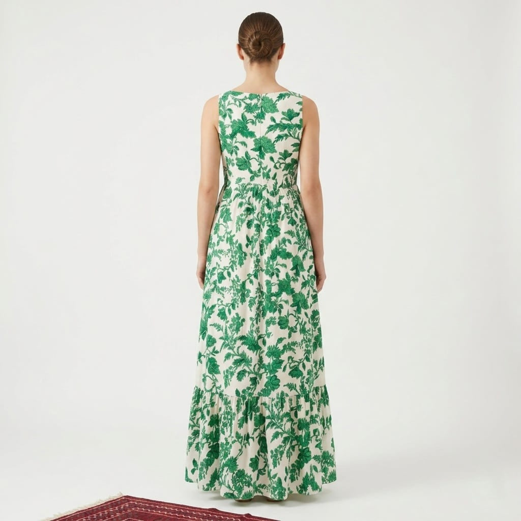 Women's Green Floral Print Sleeveless Maxi Dress-3