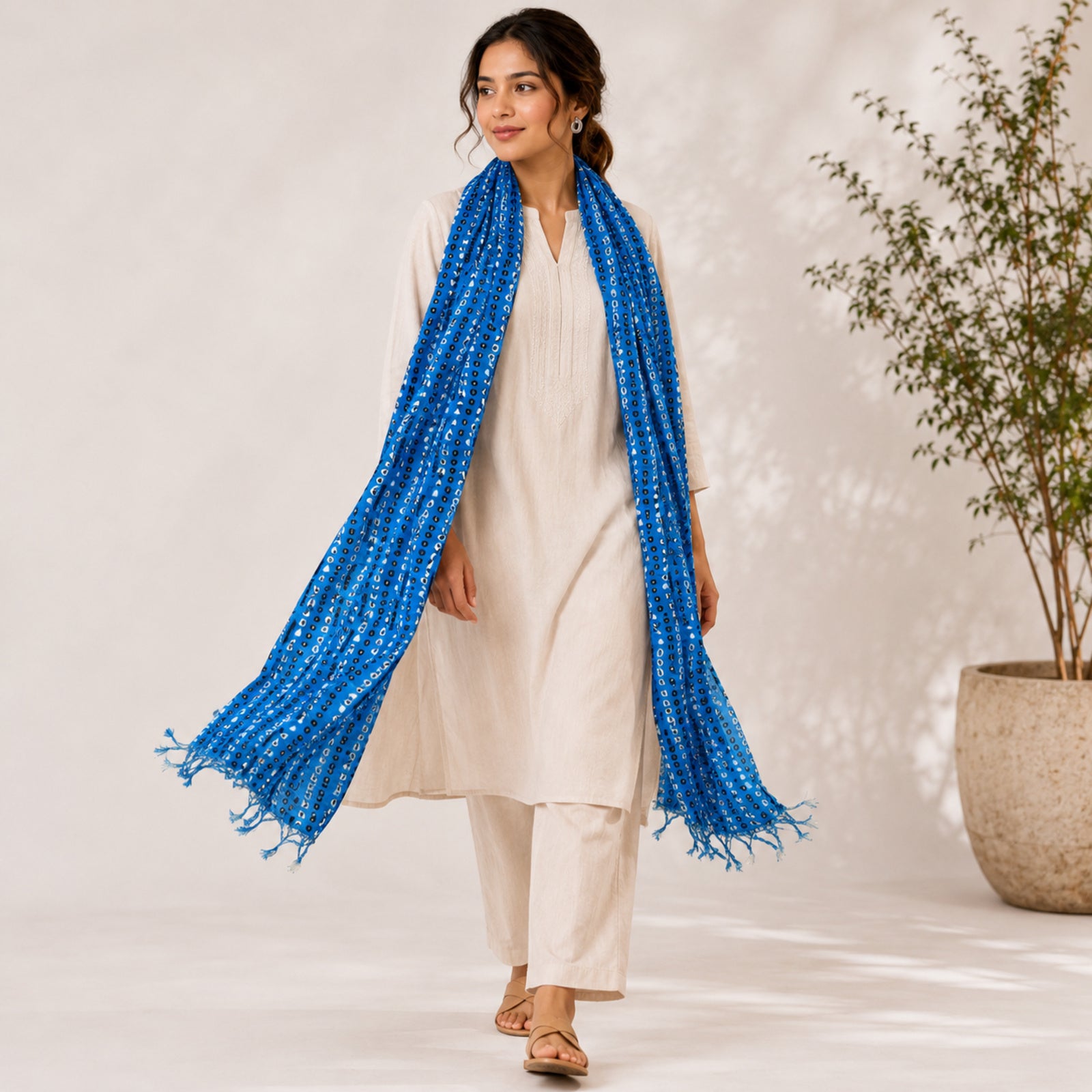 Women's Royal Blue Embroidered Tassel Scarf-2