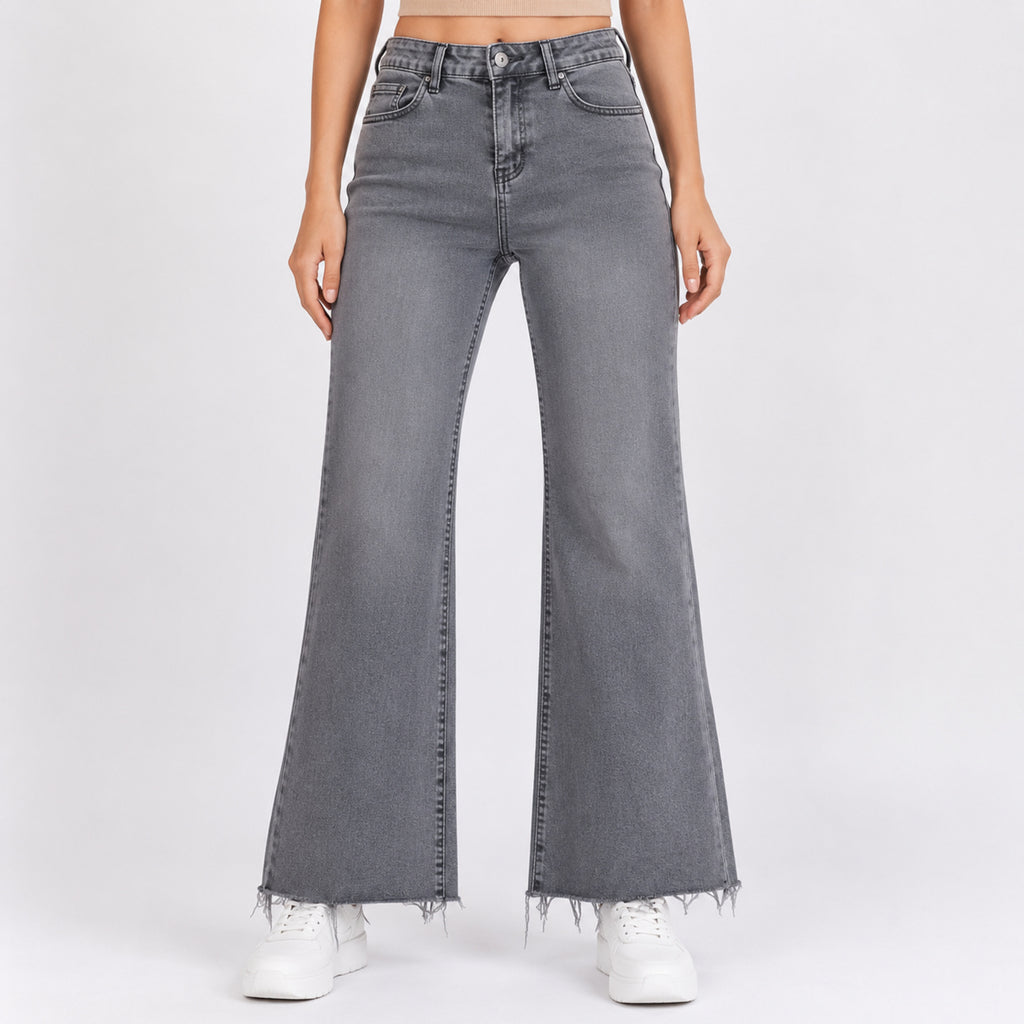 Women's Sleek High-Waist Wide-Leg Grey Denim Jeans-1