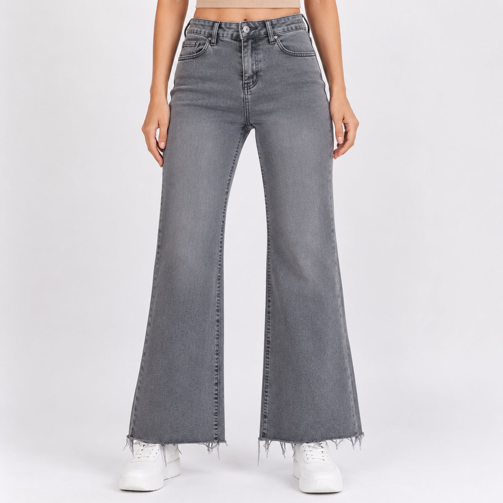 Women's Sleek High-Waist Wide-Leg Grey Denim Jeans-1