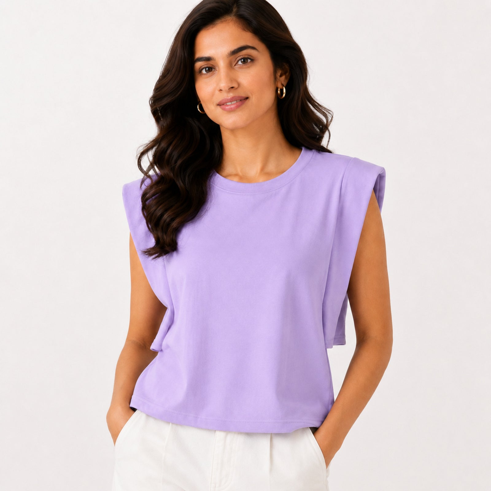 Women's Lavender Padded Shoulder Sleeveless Top | Solid Relaxed Fit Muscle Tee-2