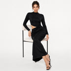 Women's Black High Neck Cut-Out Draped Midi Dress | Sleek Ruched Evening Dress-2
