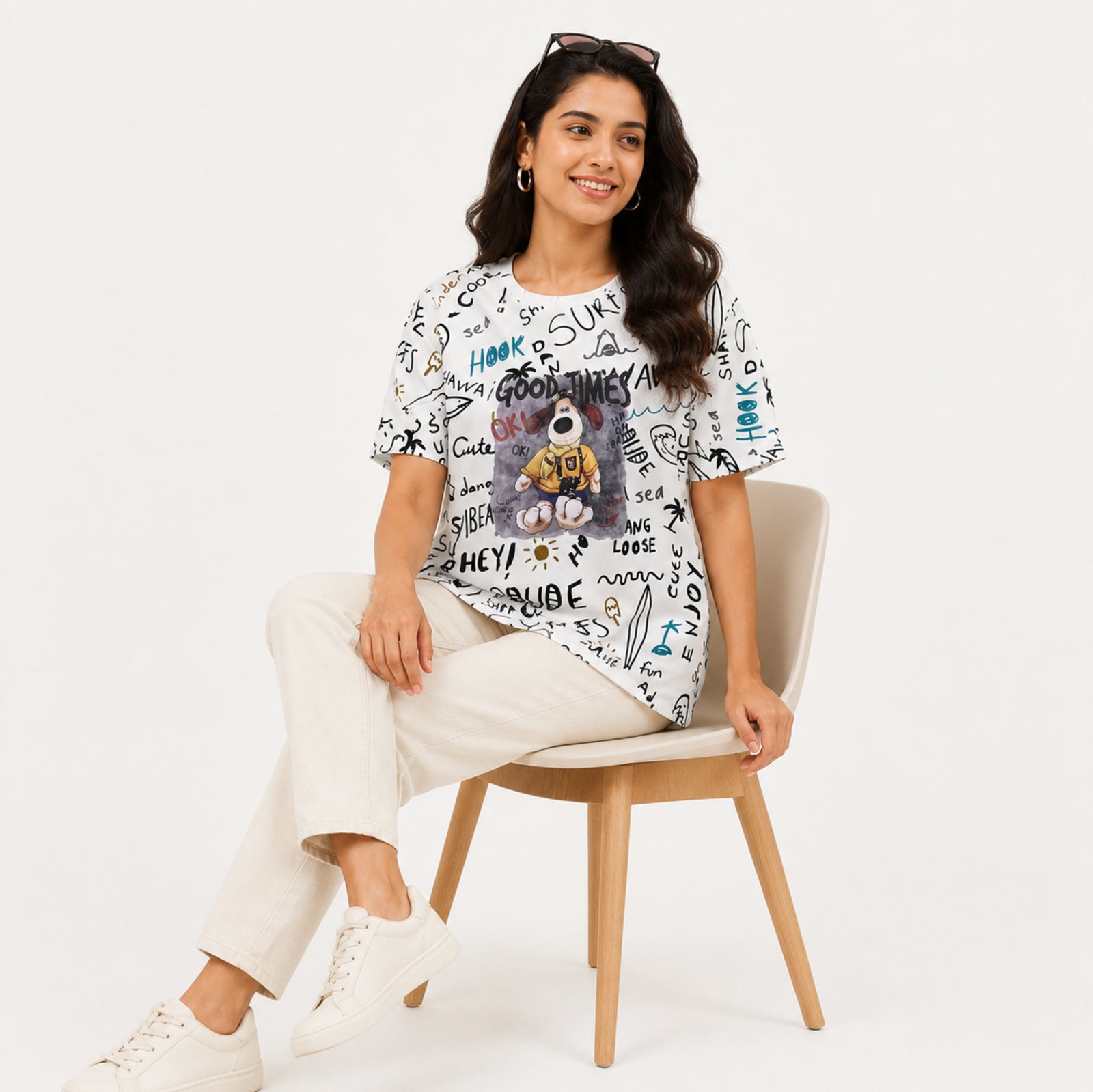 Women's White All-Over Doodle Print Cartoon Graphic Oversized T-Shirt | Relaxed Half Sleeve Casual Tee-2