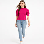 Women's Dark Pink High Neck Puff Sleeve Top | Solid Casual Elegant Knit Top-1