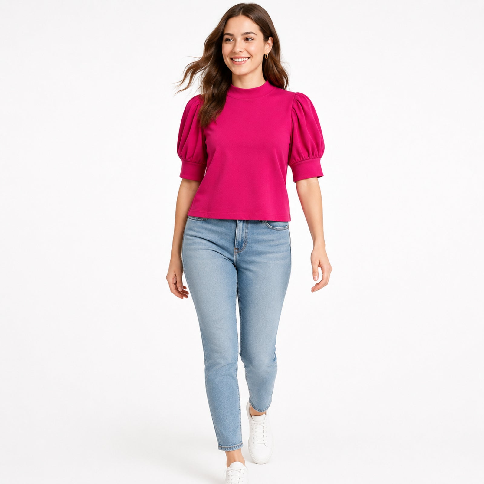 Women's Dark Pink High Neck Puff Sleeve Top | Solid Casual Elegant Knit Top-1