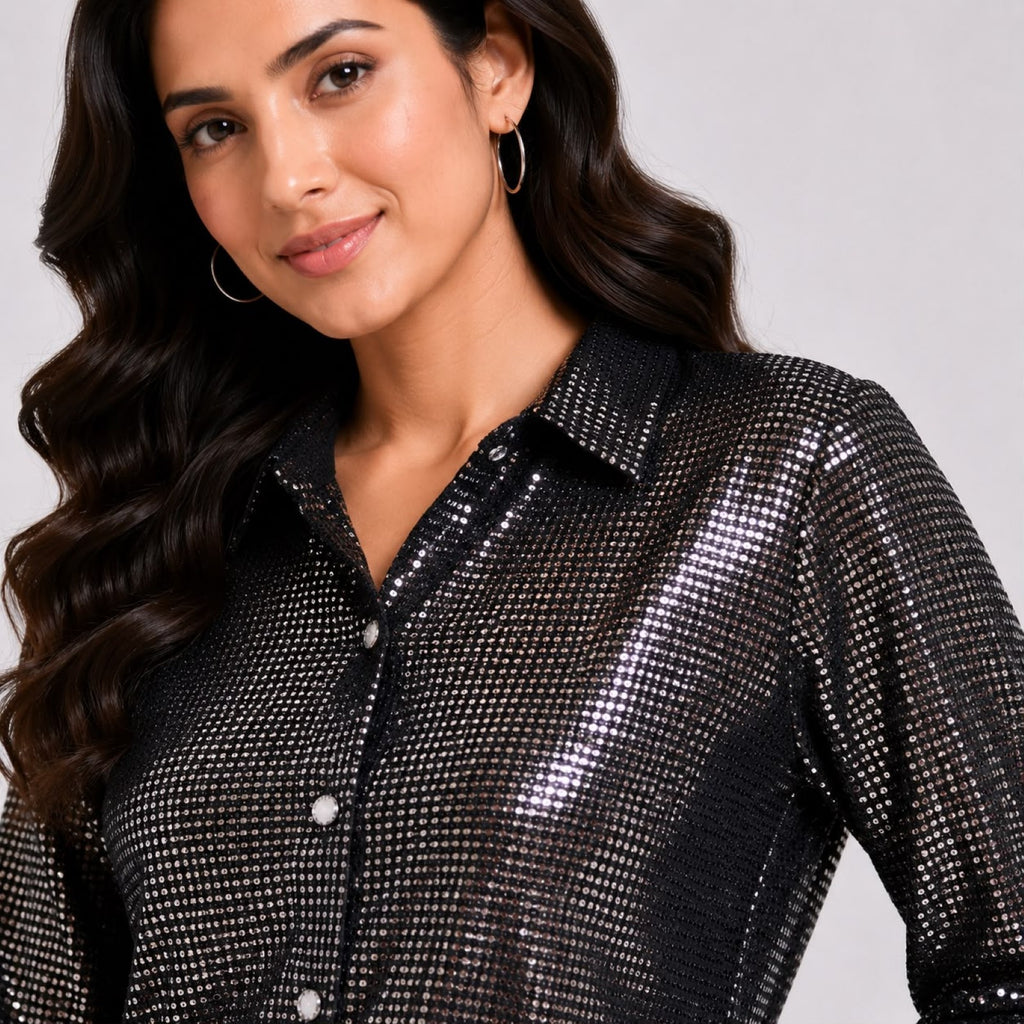 Women's Glamorous Metallic Silver Sequin Button-Down Shirt-2