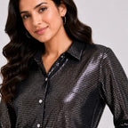 Women's Glamorous Metallic Silver Sequin Button-Down Shirt-2