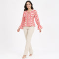 Women's Pink Floral Stripe Print Tie-Neck Flared Sleeve Top | Casual Boho Blouse-1