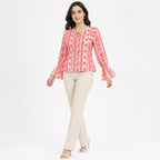 Women's Pink Floral Stripe Print Tie-Neck Flared Sleeve Top | Casual Boho Blouse-1