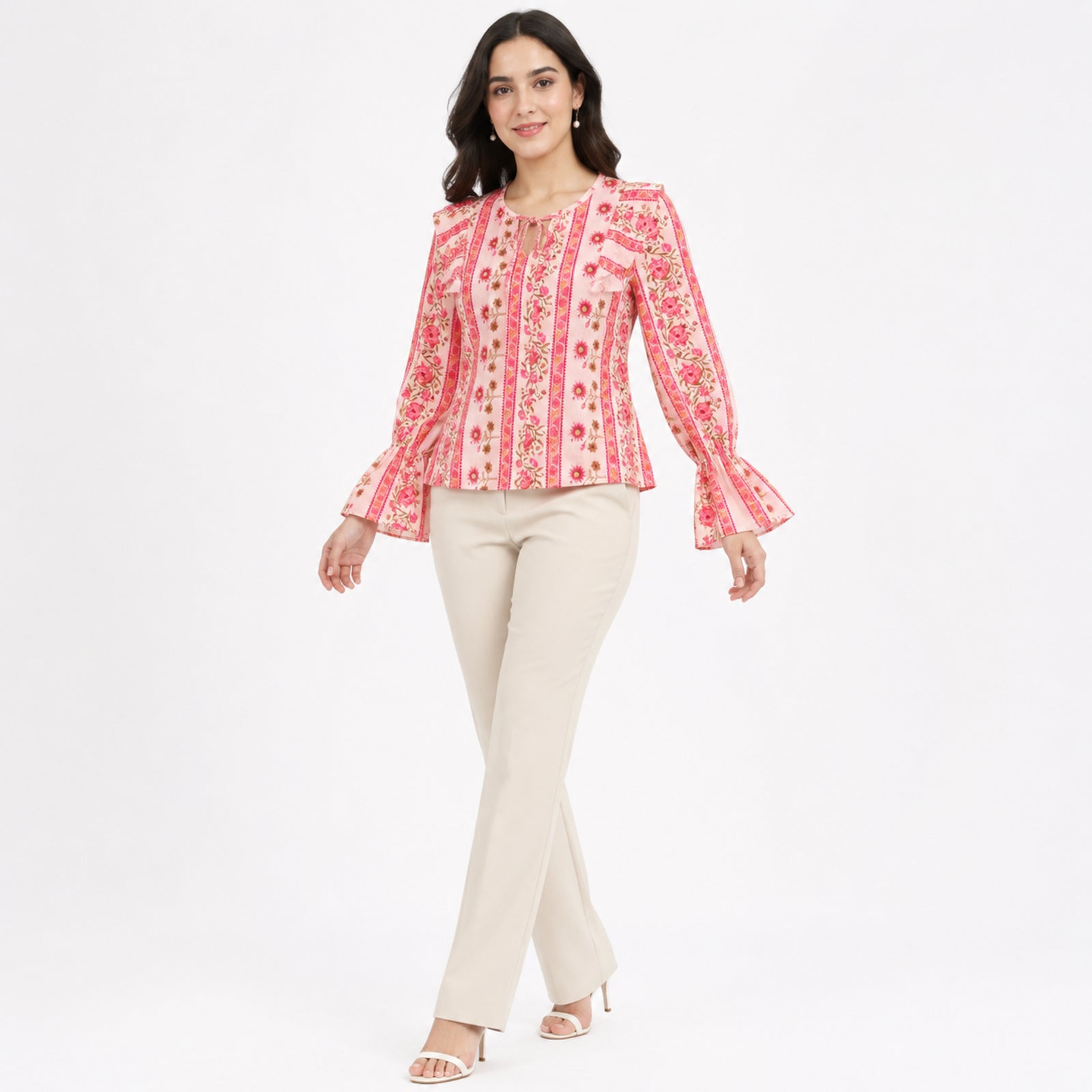 Women's Pink Floral Stripe Print Tie-Neck Flared Sleeve Top | Casual Boho Blouse-1