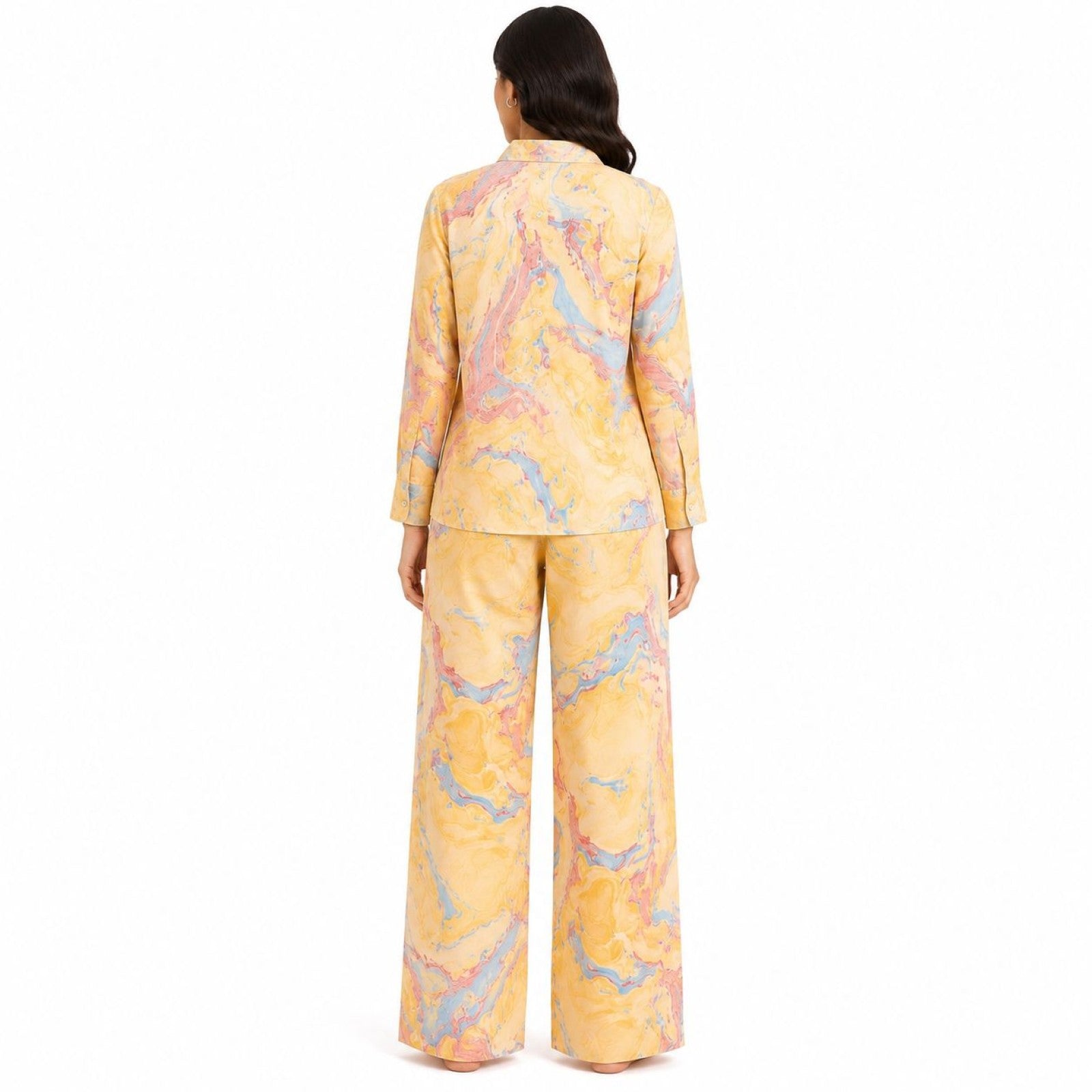 Women's Yellow Marble Print Collared Shirt and Wide-Leg Pyjama Co-Ord Set | Relaxed Lounge Set-4