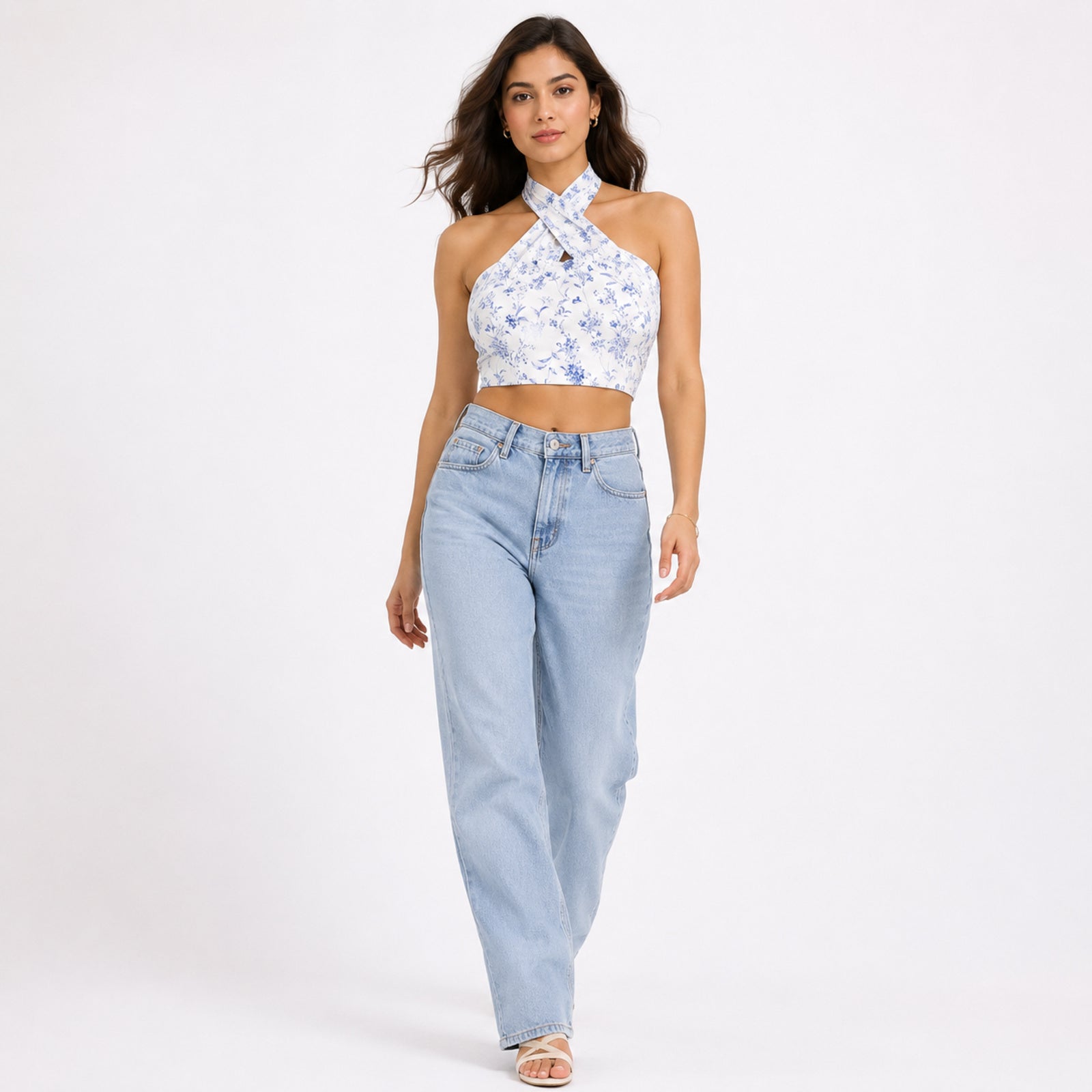 Women's Lavender Floral Printed Sleeveless Criss-Cross Halter Neck Crop Top for Party and Casual Wear-4